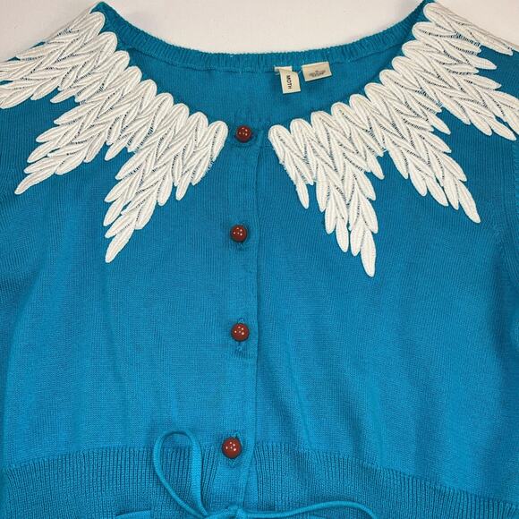 Anthropologie MOTH Wisteria Cardigan Sweater Teal Blue White Lace Trim Size M - Picture 5 of 11